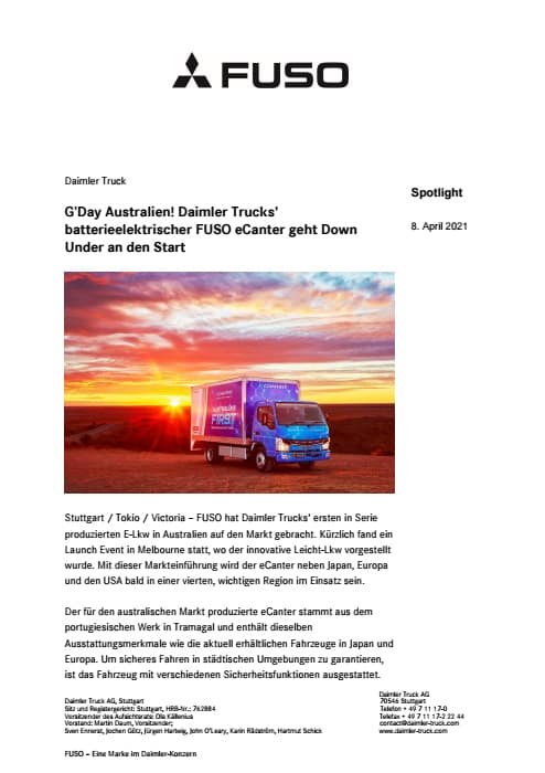 G’Day Australien! Daimler Trucks' batterieelektrischer FUSO eCanter geht Down Under an den Start