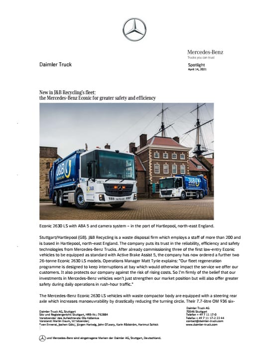New in J&B Recycling's fleet: the Mercedes-Benz Econic for greater safety and efficiency