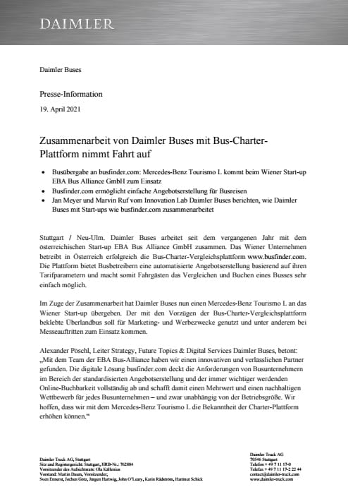 Zusammenarbeit von Daimler Buses mit Bus-Charter-Plattform nimmt Fahrt auf