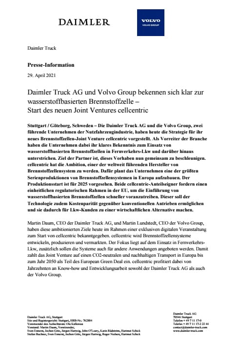Daimler Truck AG und Volvo Group bekennen sich klar zur wasserstoffbasierten Brennstoffzelle – Start des neuen Joint Ventures cellcentric