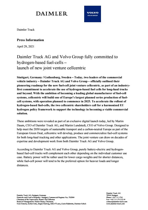 Daimler Truck AG and Volvo Group fully committed to hydrogen-based fuel-cells –  launch of new joint venture cellcentric