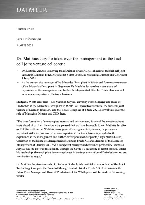 Dr. Matthias Jurytko takes over the management of the fuel cell joint venture cellcentric