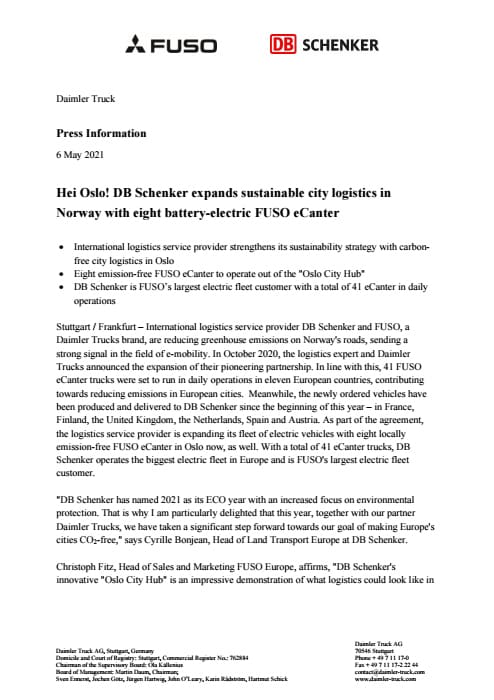 Hei Oslo! DB Schenker expands sustainable city logistics in Norway with eight battery-electric FUSO eCanter