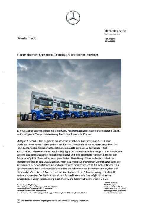 31 neue Mercedes-Benz Actros für englisches Transportunternehmen