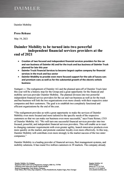 Daimler Mobility to be turned into two powerful independent financial services providers at the end of 2021
