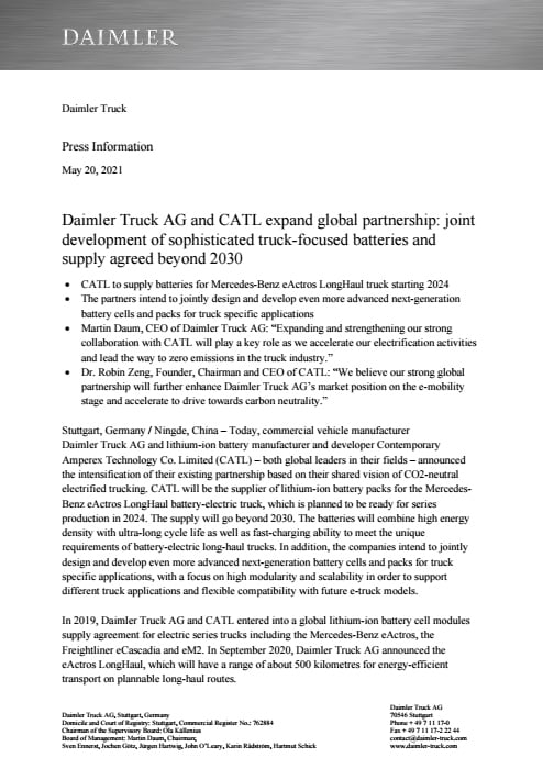 Daimler Truck AG and CATL expand global partnership: joint development of sophisticated truck-focused batteries and supply agreed beyond 2030