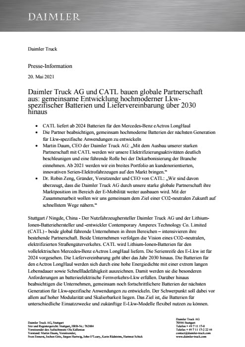 Daimler Truck AG und CATL bauen globale Partnerschaft aus: gemeinsame Entwicklung hochmoderner Lkw-spezifischer Batterien und Liefervereinbarung über 2030 hinaus