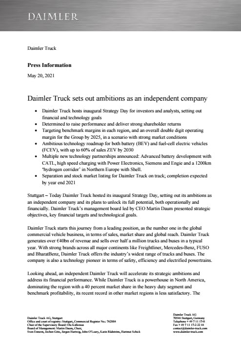 Daimler Truck sets out ambitions as an independent company