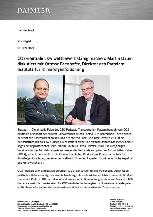 CO2-neutrale Lkw wettbewerbsfähig machen: Martin Daum diskutiert mit Ottmar Edenhofer, Direktor des Potsdam-Instituts für Klimafolgenforschung