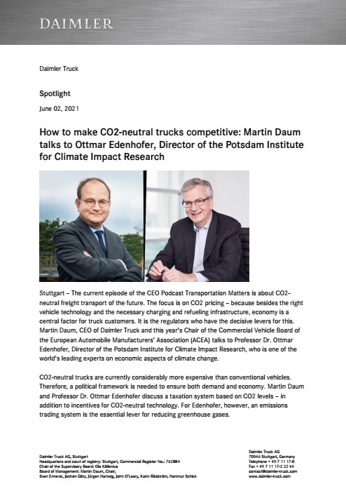 How to make CO2-neutral trucks competitive: Martin Daum talks to Ottmar Edenhofer, Director of the Potsdam Institute for Climate Impact Research