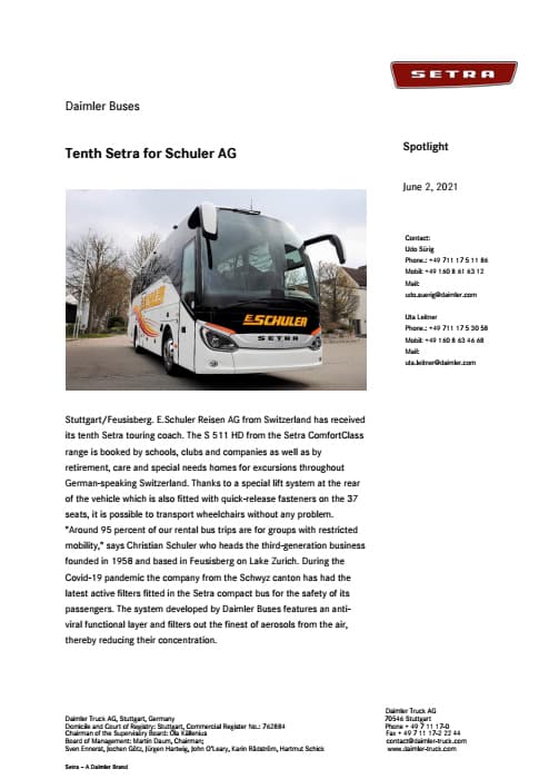 Tenth Setra for Schuler AG