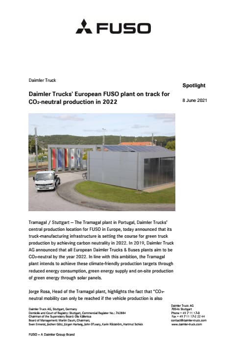 Daimler Trucks’ European FUSO plant on track for CO₂-neutral production in 2022