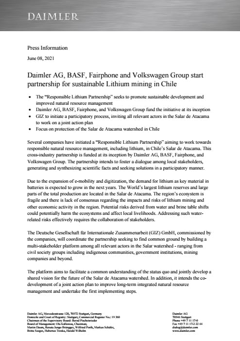 Daimler AG, BASF, Fairphone and Volkswagen Group start partnership for sustainable Lithium mining in Chile