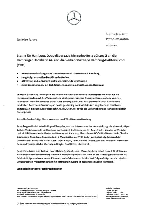 Sterne für Hamburg: Doppelübergabe Mercedes-Benz eCitaro G an die Hamburger Hochbahn AG und die Verkehrsbetriebe Hamburg-Holstein GmbH (VHH)