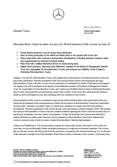 Mercedes-Benz Trucks to usher in a new era: World premiere of the eActros on June 30