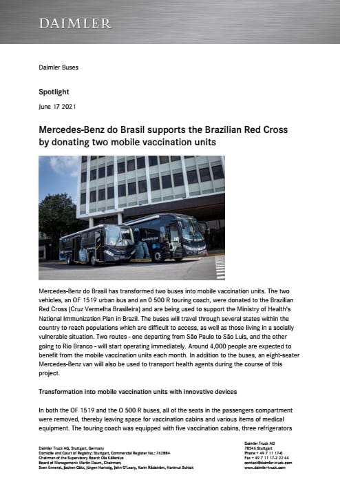 Mercedes-Benz do Brasil supports the Brazilian Red Cross by donating two mobile vaccination units