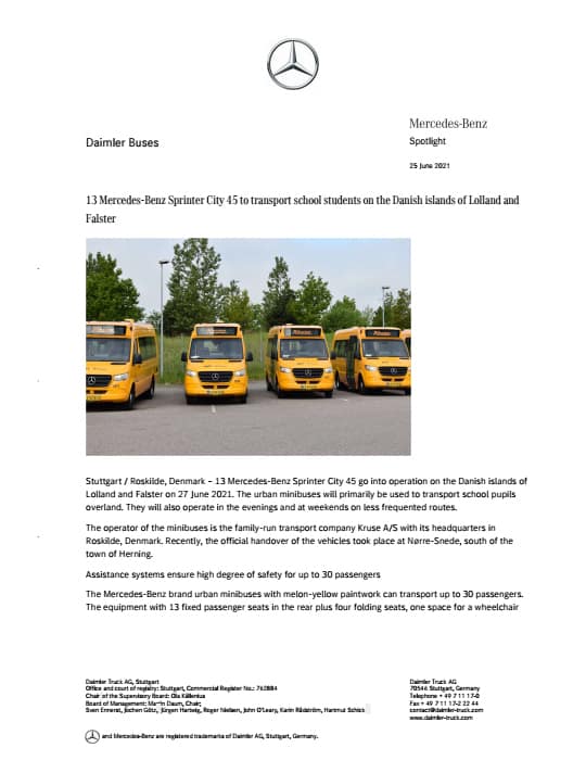 13 Mercedes-Benz Sprinter City 45 to transport school students on the Danish islands of Lolland and Falster