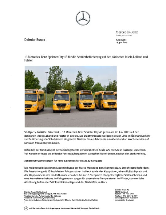 13 Mercedes-Benz Sprinter City 45 für die Schülerbeförderung auf den dänischen Inseln Lolland und Falster