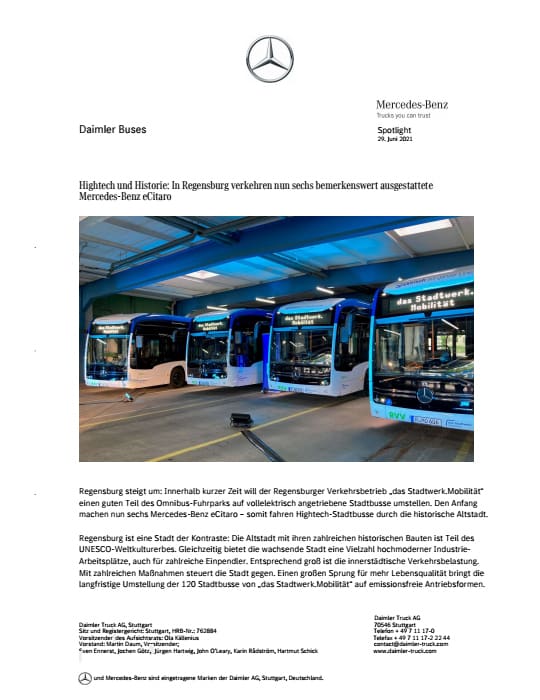 Hightech und Historie: In Regensburg verkehren nun sechs bemerkenswert ausgestattete Mercedes-Benz eCitaro