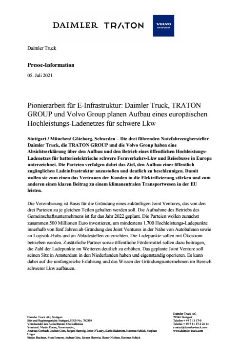 Pionierarbeit für E-Infrastruktur: Daimler Truck, TRATON GROUP und Volvo Group planen Aufbau eines europäischen Hochleistungs-Ladenetzes für schwere Lkw