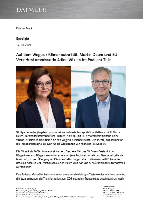 Auf dem Weg zur Klimaneutralität: Martin Daum und EU-Verkehrskommissarin Adina Vălean im Podcast-Talk