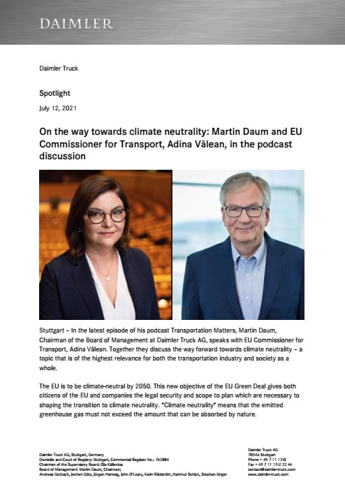 On the way towards climate neutrality: Martin Daum and EU Commissioner for Transport, Adina Vălean, in the podcast discussion