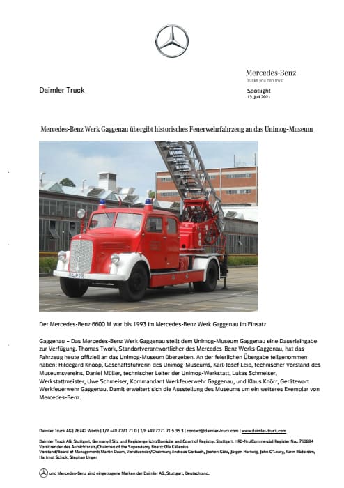 Mercedes-Benz Werk Gaggenau übergibt historisches Feuerwehrfahrzeug an das Unimog-Museum