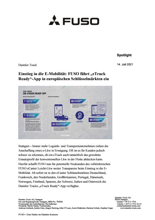 Einstieg in die E-Mobilität: FUSO führt „eTruck Ready“-App in europäischen Schlüsselmärkten ein