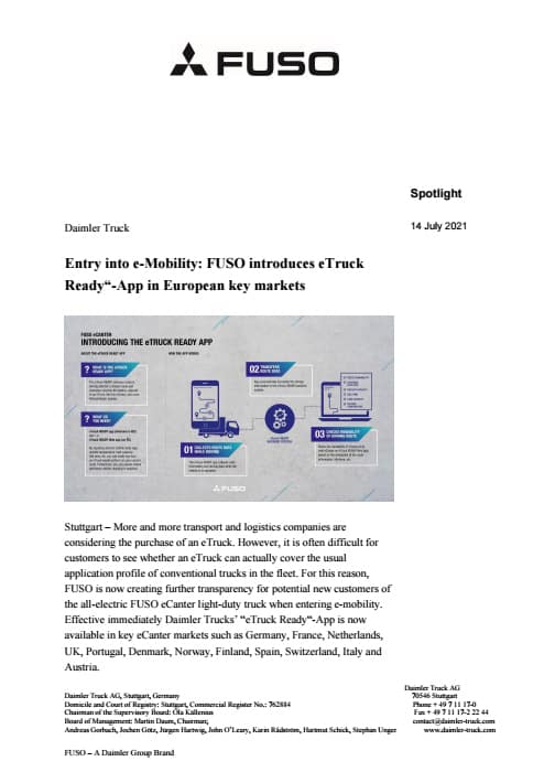 Entry into e-Mobility: FUSO introduces eTruck Ready“-App in European key markets