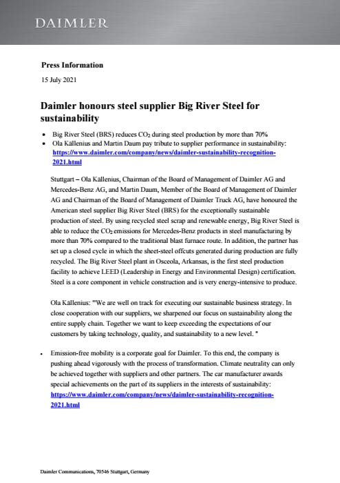 Daimler honours steel supplier Big River Steel for sustainability