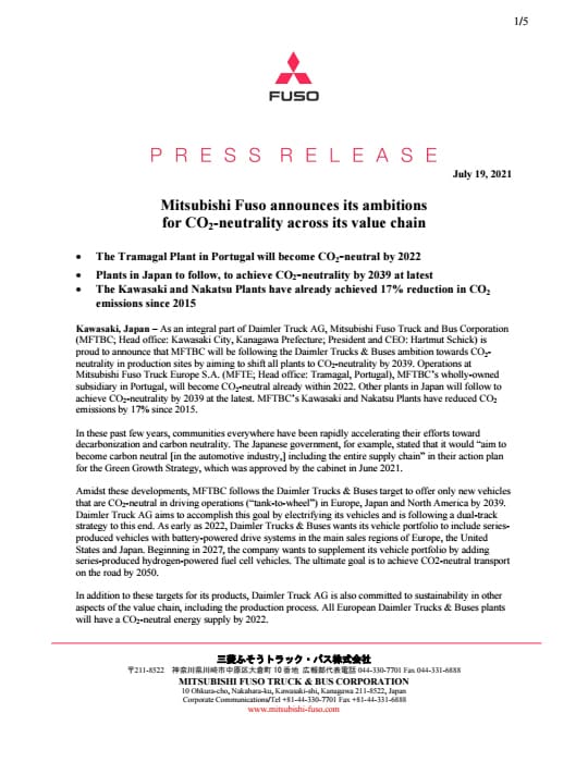 Mitsubishi Fuso announces its ambitions for CO2-neutrality across its value chain