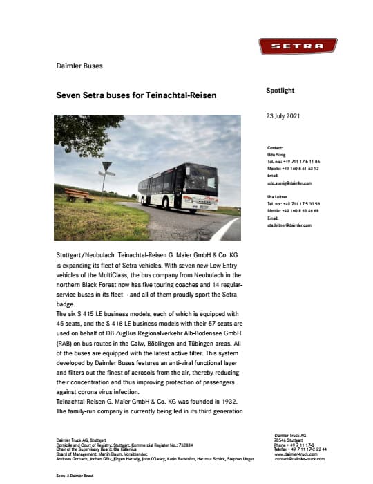 Seven Setra buses for Teinachtal-Reisen