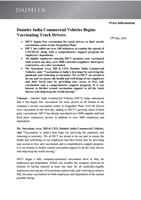 Daimler India Commercial Vehicles Begins Vaccinating Truck Drivers