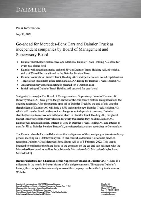 Go-ahead for Mercedes-Benz Cars and Daimler Truck as independent companies by Board of Management and Supervisory Board