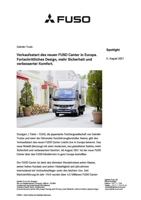 Verkaufsstart des neuen FUSO Canter in Europa. Fortschrittliches Design, mehr Sicherheit und verbesserter Komfort.