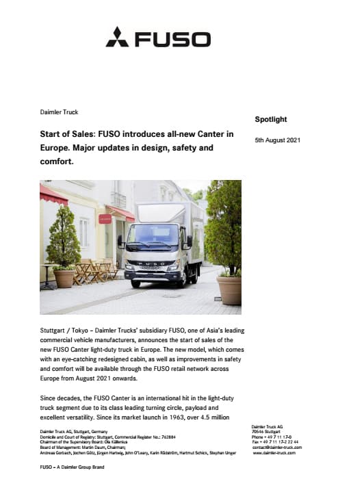 Start of Sales: FUSO introduces all-new Canter in Europe. Major updates in design, safety and comfort.