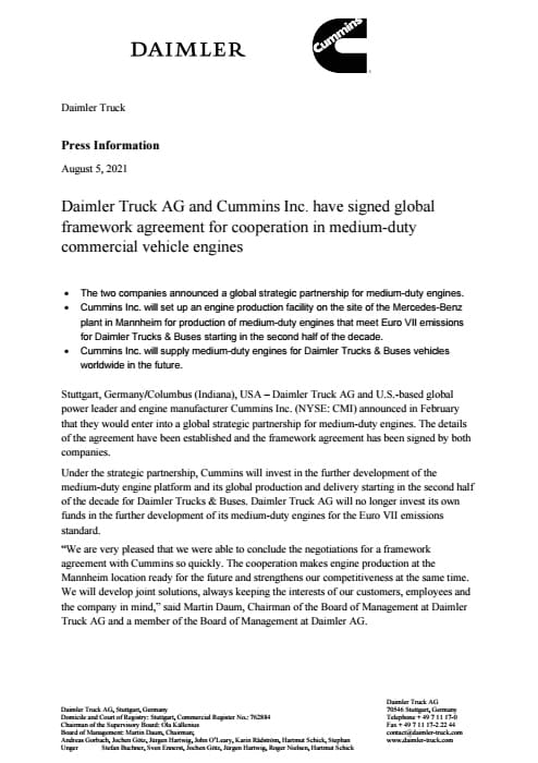 Daimler Truck AG and Cummins Inc. have signed global framework agreement for cooperation in medium-duty commercial vehicle engines