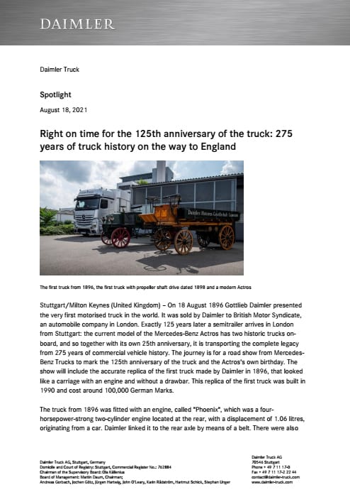 Right on time for the 125th anniversary of the truck: 275 years of truck history on the way to England