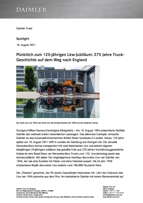 Pünktlich zum 125-jährigen Lkw-Jubiläum: 275 Jahre Truck-Geschichte auf dem Weg nach England