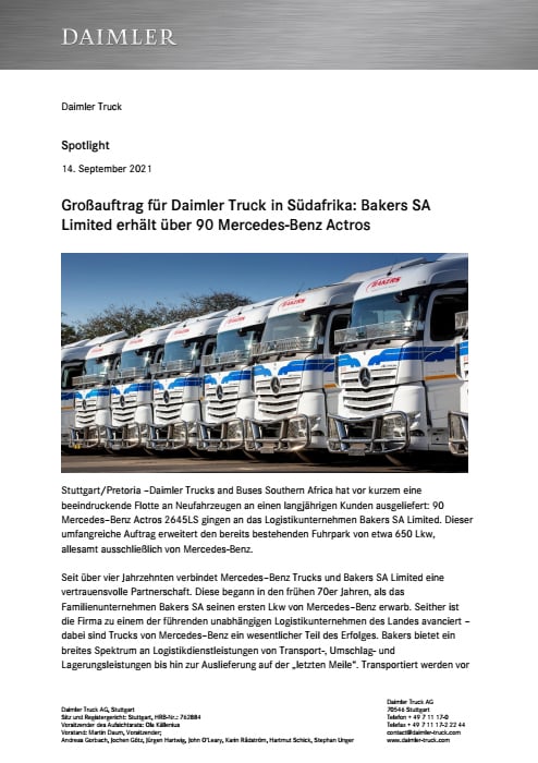 Großauftrag für Daimler Truck in Südafrika: Bakers SA Limited erhält über 90 Mercedes-Benz Actros