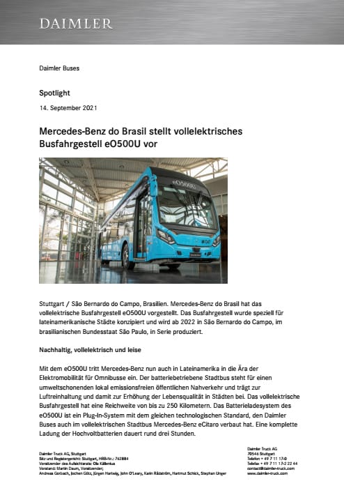 Mercedes-Benz do Brasil stellt vollelektrisches Busfahrgestell eO500U vor