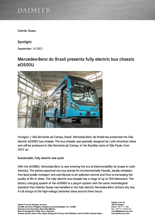 Mercedes-Benz do Brasil presents fully electric bus chassis eO500U