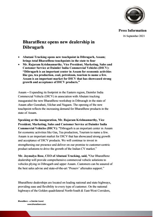 BharatBenz opens new dealership in Dibrugarh