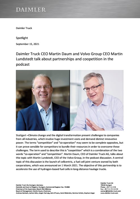 Daimler Truck CEO Martin Daum and Volvo Group CEO Martin Lundstedt talk about partnerships and coopetition in the podcast