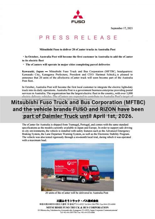 Mitsubishi Fuso to deliver 20 eCanter trucks to Australia Post