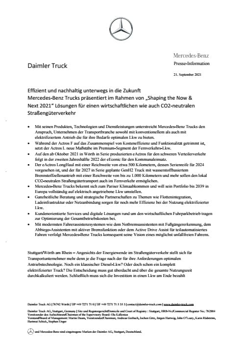 Effizient und nachhaltig unterwegs in die Zukunft: Mercedes-Benz Trucks präsentiert im Rahmen von „Shaping the Now & Next 2021“ Lösungen für einen wirtschaftlichen wie auch CO2-neutralen Straßengüterverkehr