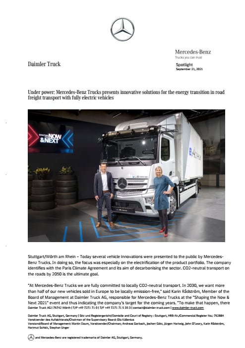 Under power: Mercedes-Benz Trucks presents innovative solutions for the energy transition in road freight transport with fully electric vehicles