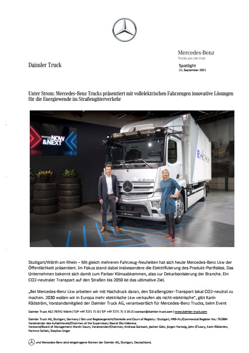 Unter Strom: Mercedes-Benz Trucks präsentiert mit vollelektrischen Fahrzeugen innovative Lösungen für die Energiewende im Straßengüterverkehr