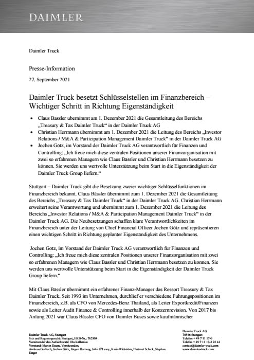Daimler Truck fills key finance positions - important step towards independence