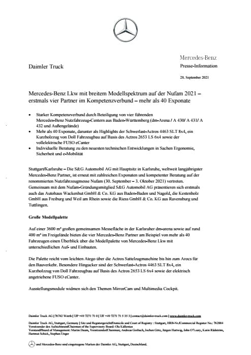 Mercedes-Benz Lkw mit breitem Modellspektrum auf der Nufam 2021 – erstmals vier Partner im Kompetenzverbund – mehr als 40 Exponate